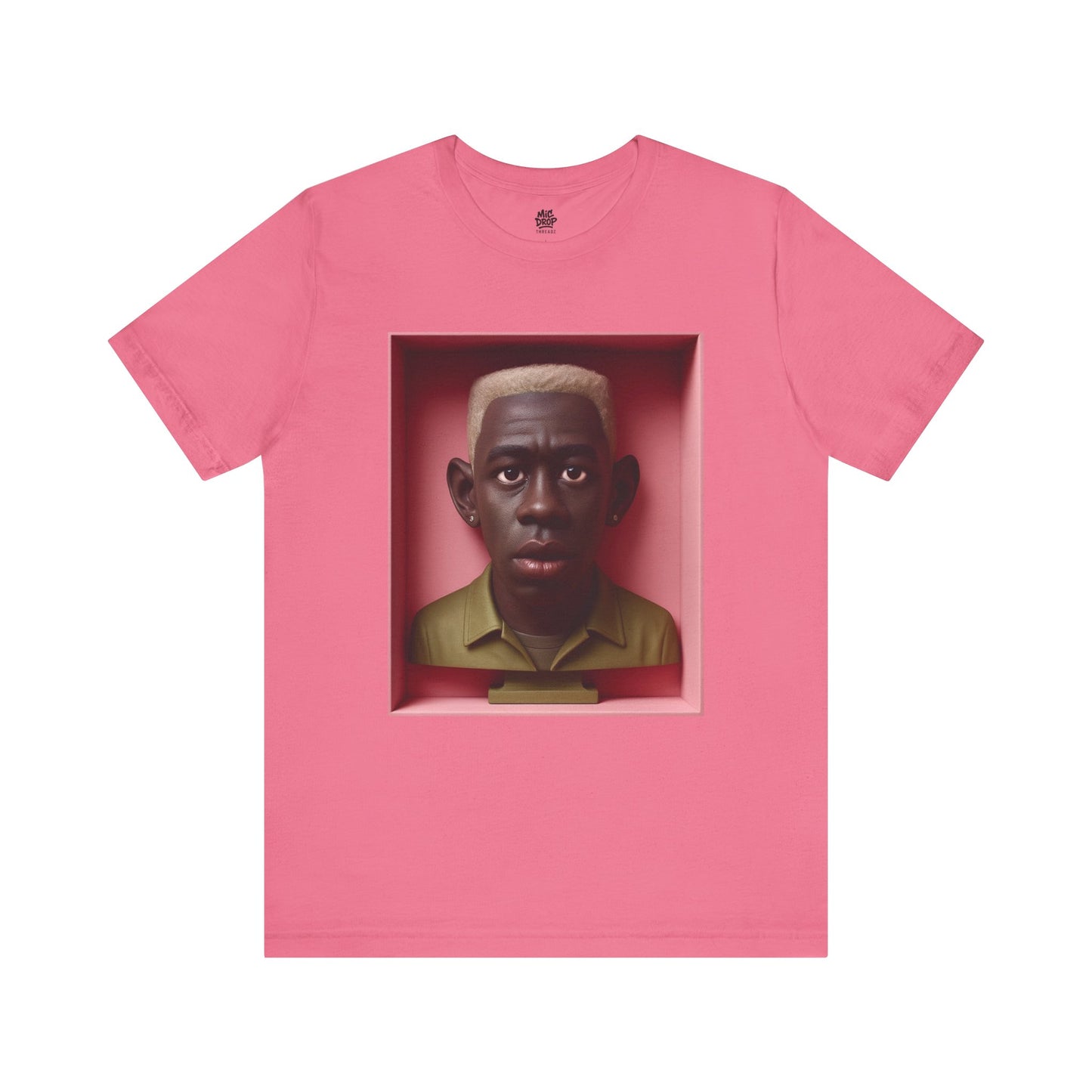 Pink t-shirt with a graphic of a bust in a box on a white background