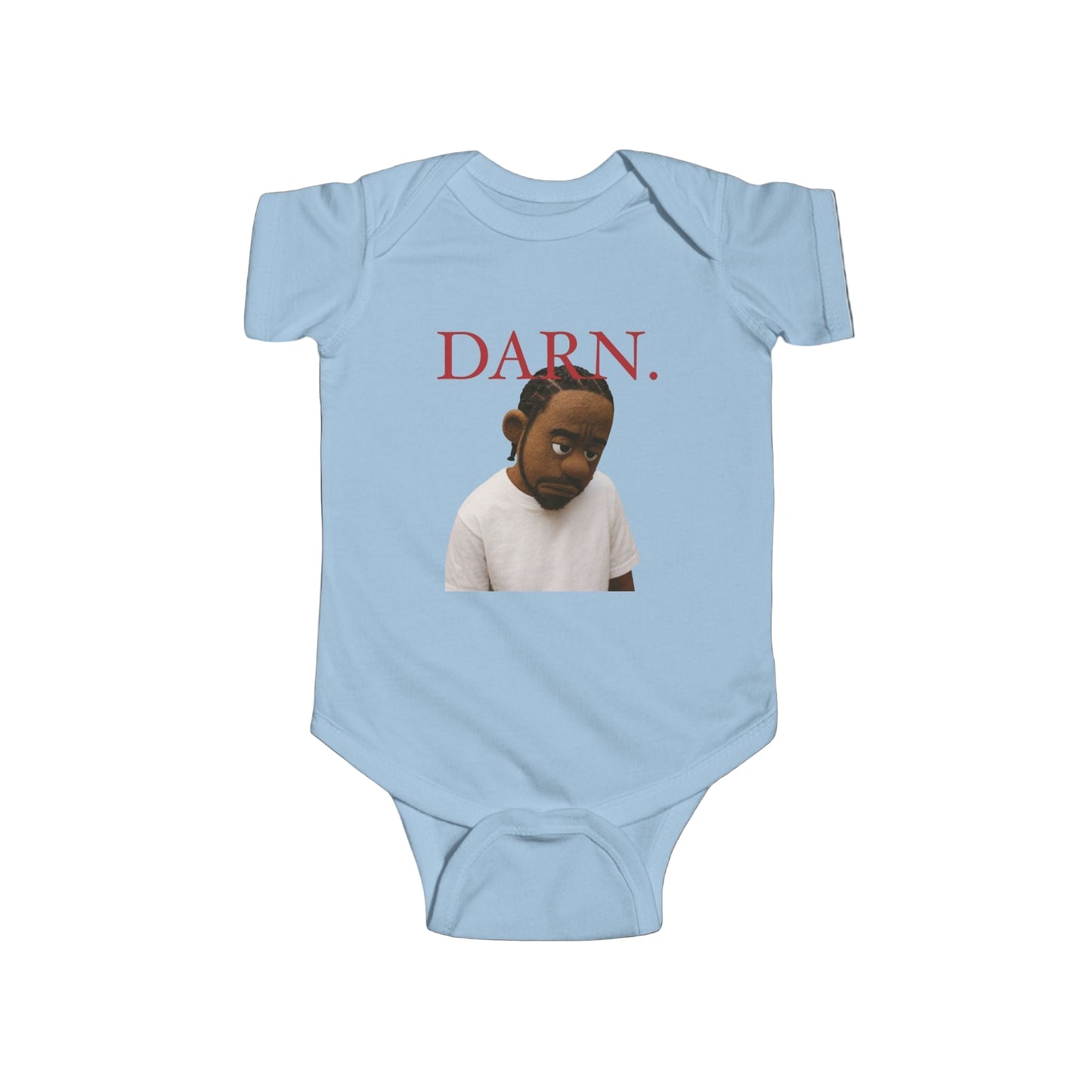 Light blue baby onesie with a graphic of a child and the word 'DARN.' in red on a black background.
