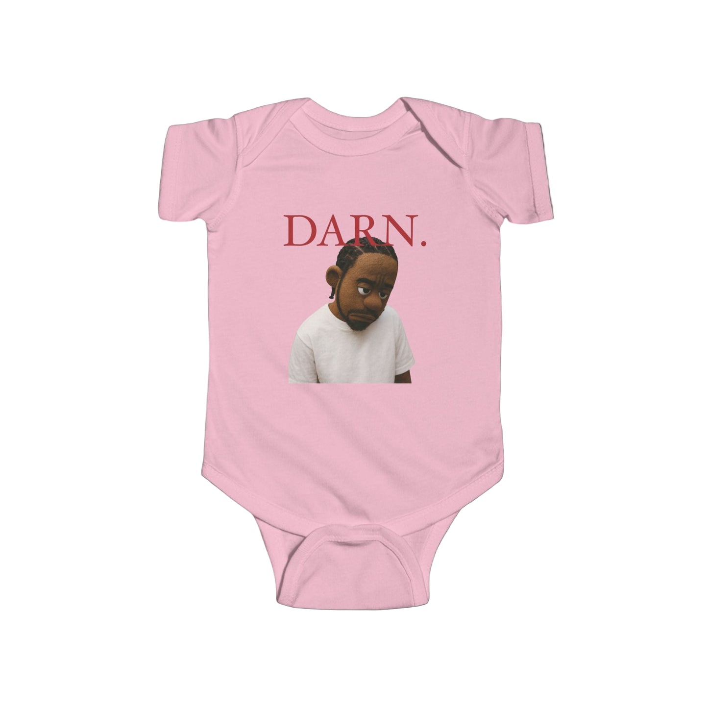 Pink baby onesie with a graphic of a child and the word 'DARN.' on a black background