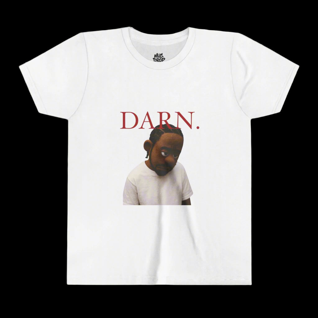 White t-shirt with a graphic of a person and the word 'DARN.' in red text on a white background.