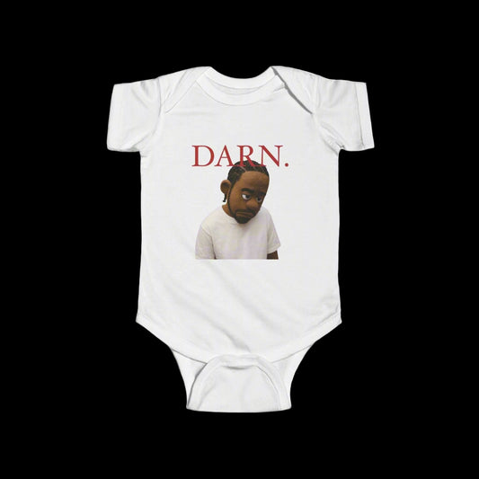 White baby onesie with a graphic of a child and the word 'DARN.' in red on a black background.