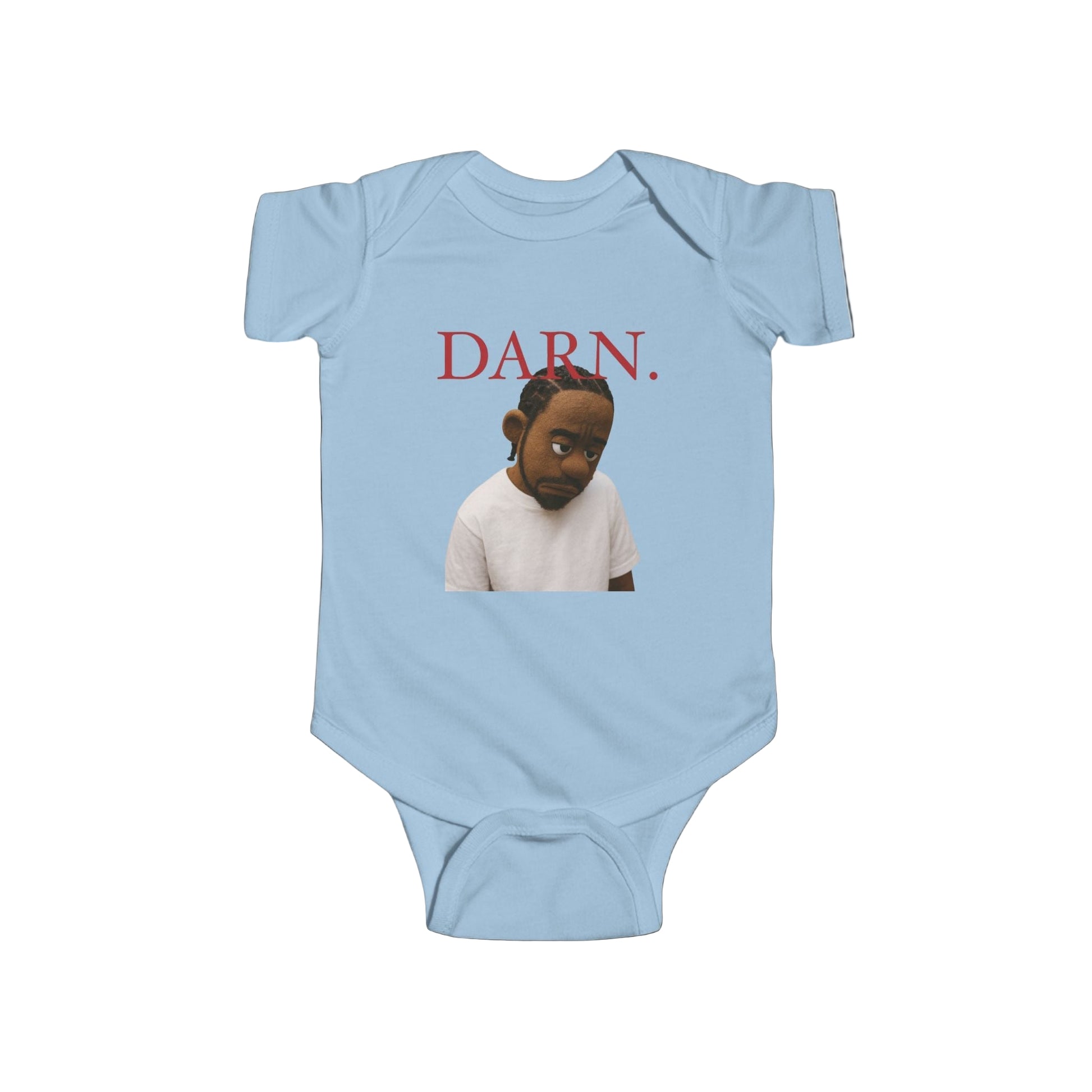 Light blue baby onesie with a graphic of a child and the word 'DARN.' in red on a black background.
