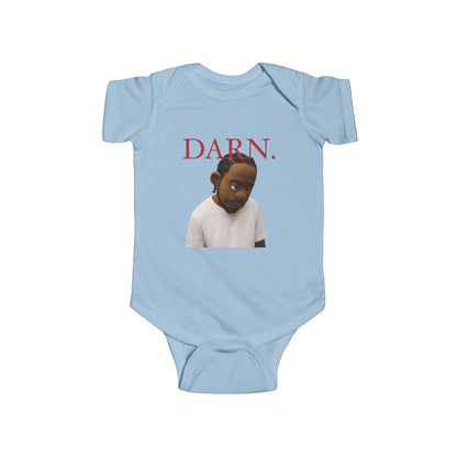 Light blue baby onesie with a graphic of a child and the word 'DARN.' in red on a black background.