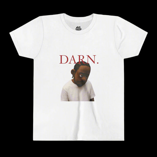 White t-shirt with a graphic of a person and the word 'DARN.' in red text on a white background.